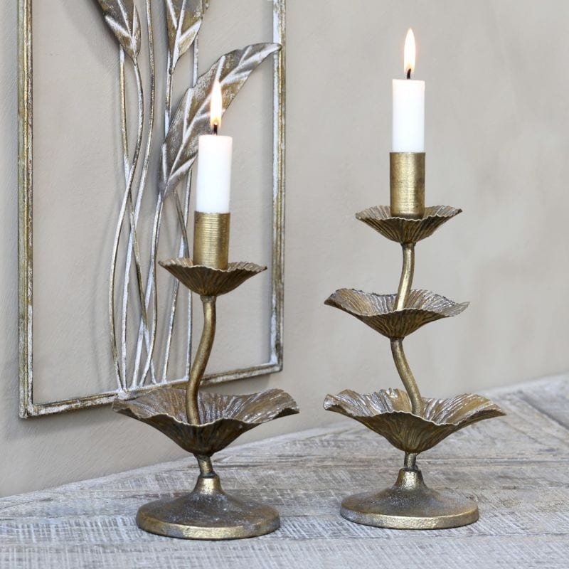 Candlestick with Leaf Decor - Antique Brass - 20cm | Lighting Accessories | Candle Holders | The Elms