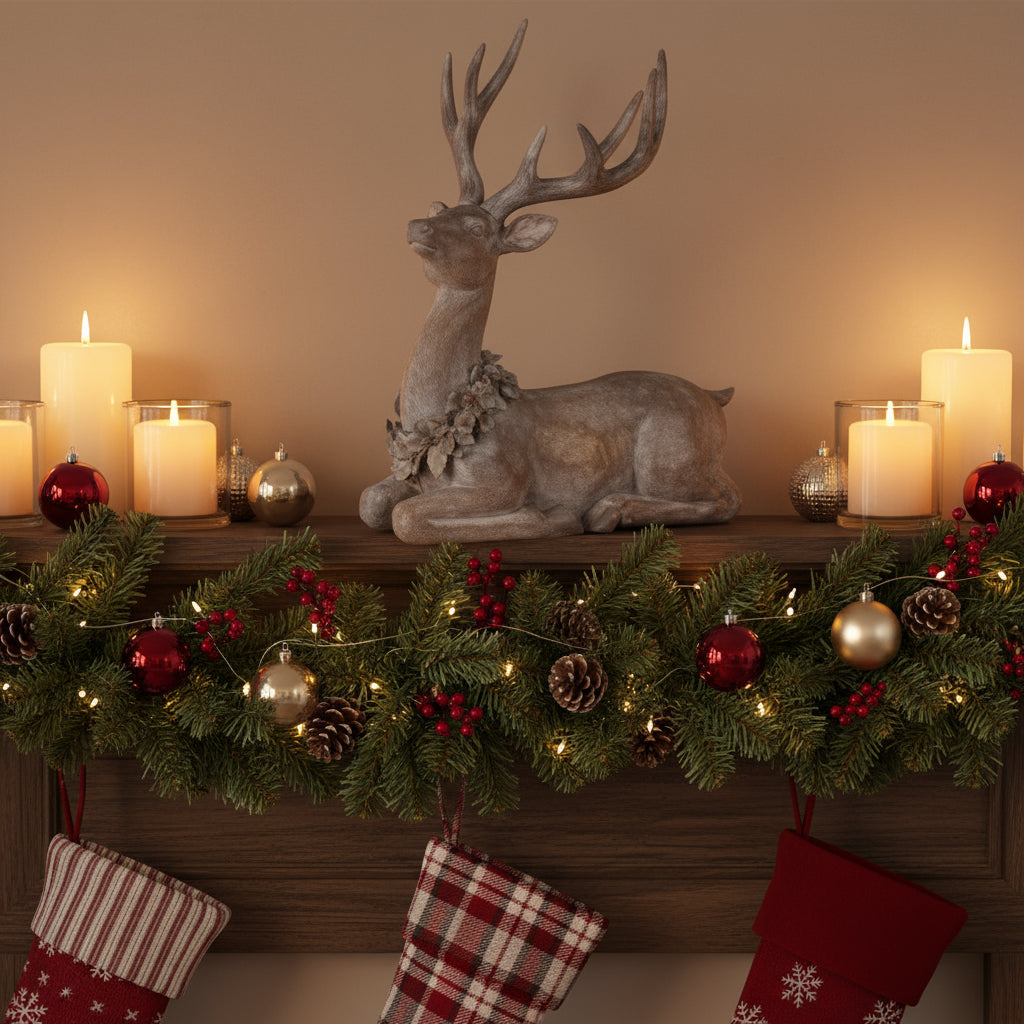 Decorative mantel with a reindeer figurine, candles, and Christmas stockings.