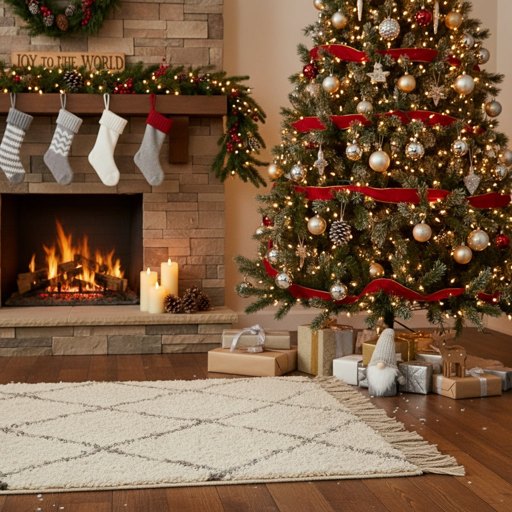 Knitted gnome toy with a white beard and hat on a plain background