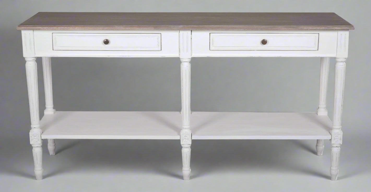 White console table with two drawers and an open shelf on a white background