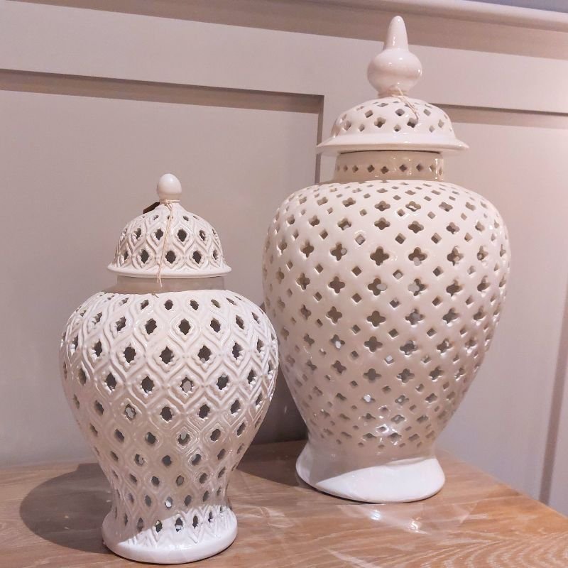 Large Pierced Lidded White Ginger Jar - 49cm | Decorative Accessories | Decorative Objects | The Elms