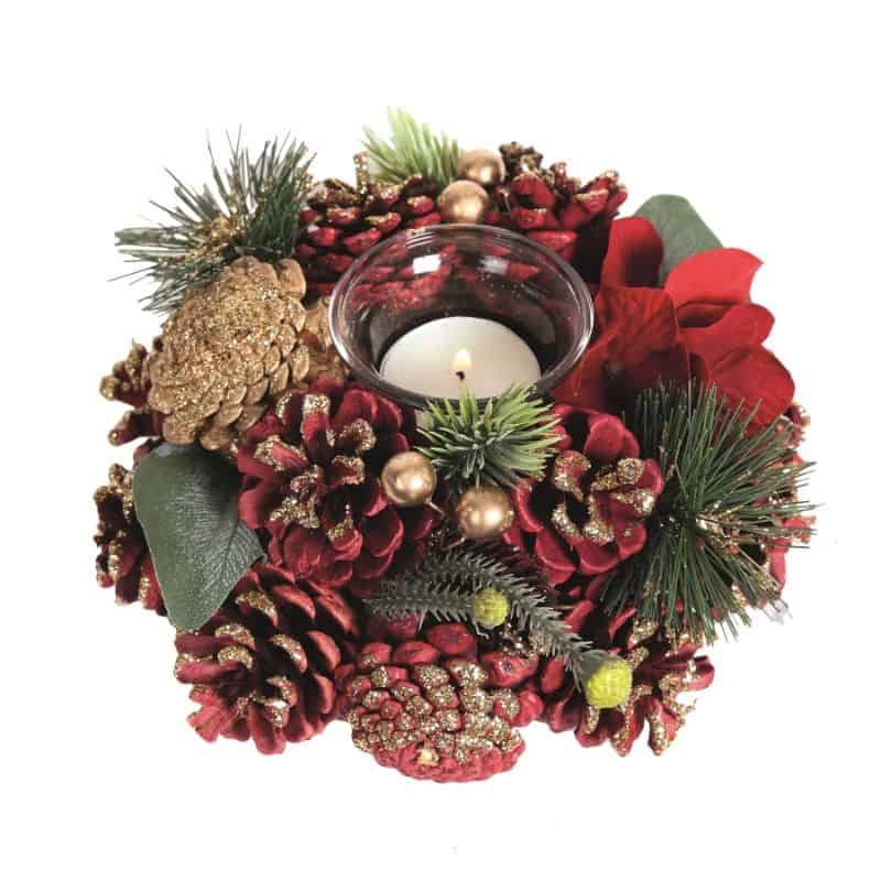 Tealight Holder - Red and Gold Floral and Cone | Christmas | Christmas Decorative Accessories | The Elms