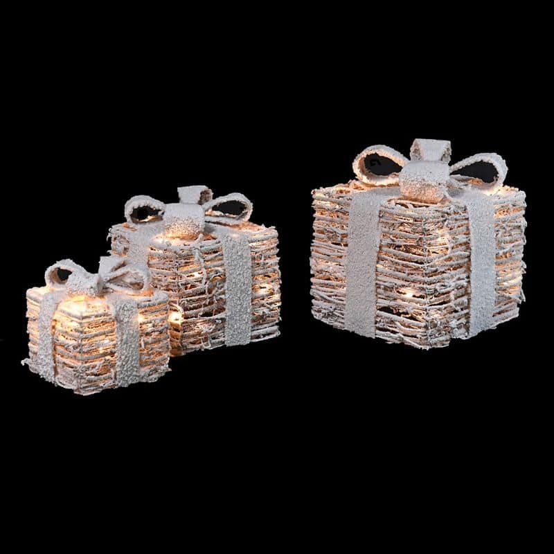 Snowy Rattan Lit Gift Boxes - Set of 3 | Christmas | Christmas Decorative Accessories | The Elms