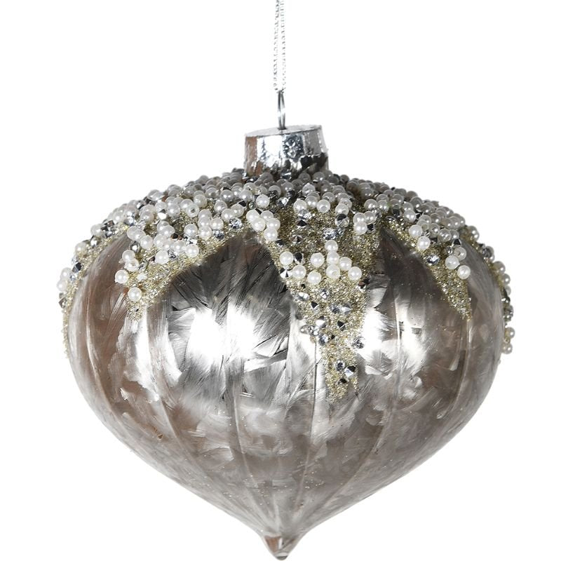 Matte Silver Beaded Onion Bauble - 10cm | Christmas | Christmas Tree Decorations | The Elms