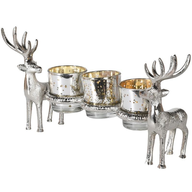Silver Reindeer Triple Candleholder - 30cm | Christmas | Christmas Hurricanes & Candleholders | The Elms