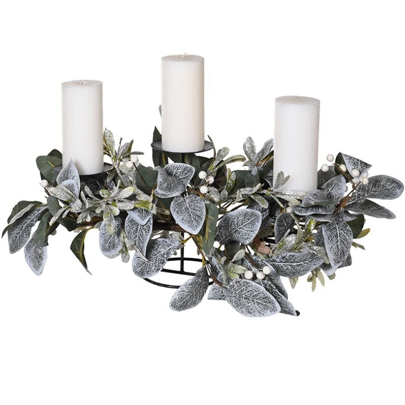 Frosted Eucalyptus and Mistletoe Triple Candleholder - 60cm | Christmas | Christmas Hurricanes & Candleholders | The Elms