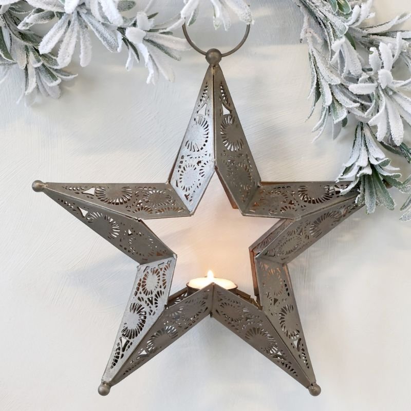 Antique Brass Hanging Star Christmas Tealight Holder - 28.5cm | Christmas | Christmas Hurricanes & Candleholders | The Elms