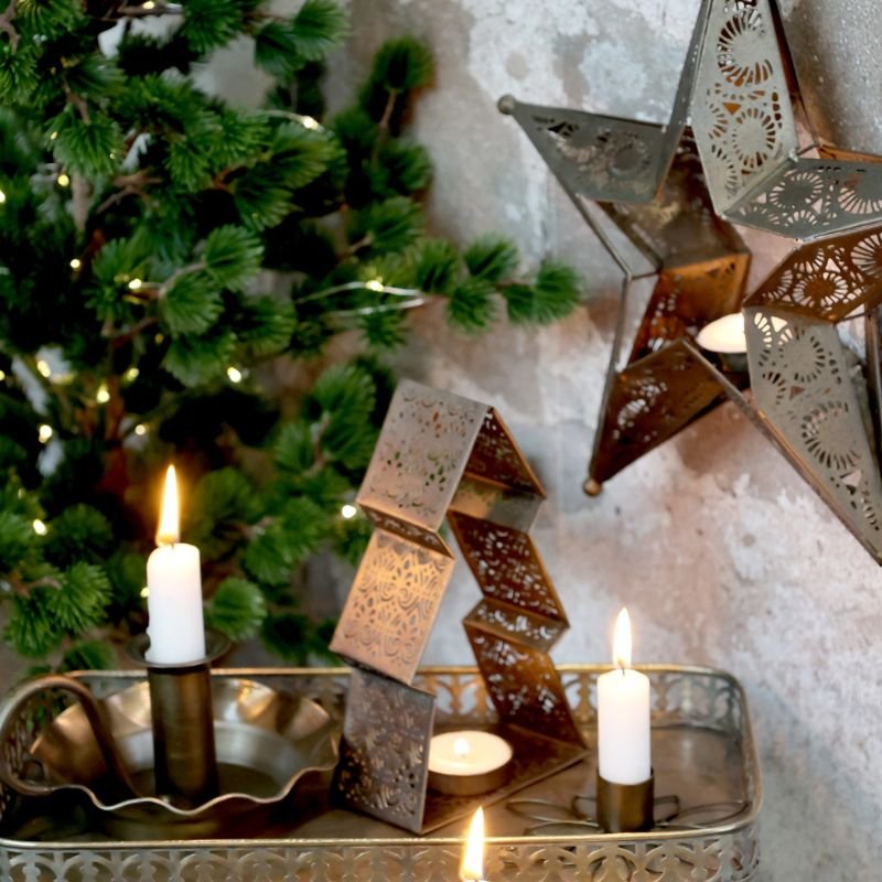 Antique Brass Hanging Star Christmas Tealight Holder - 28.5cm | Christmas | Christmas Hurricanes & Candleholders | The Elms