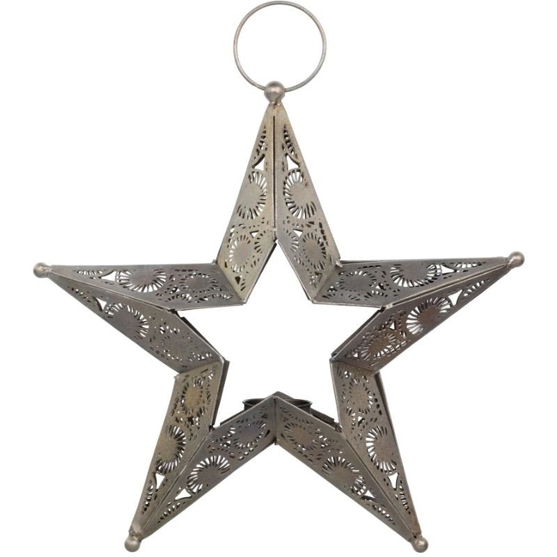 Antique Brass Hanging Star Christmas Tealight Holder - 28.5cm | Christmas | Christmas Hurricanes & Candleholders | The Elms