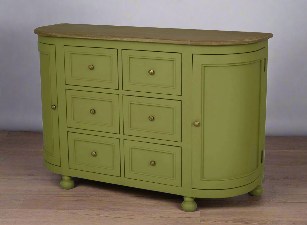 A green Jardin 6-Drawer Sideboard with a wooden top, featuring six drawers and two cabinet doors.