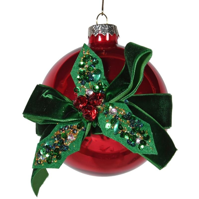 Red Bauble with Holly Ribbon - 8cm | Christmas | Christmas Tree Decorations | The Elms