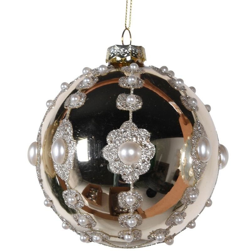 Shiny Gold and Beaded Bauble - 10cm | Christmas | Christmas Tree Decorations | The Elms