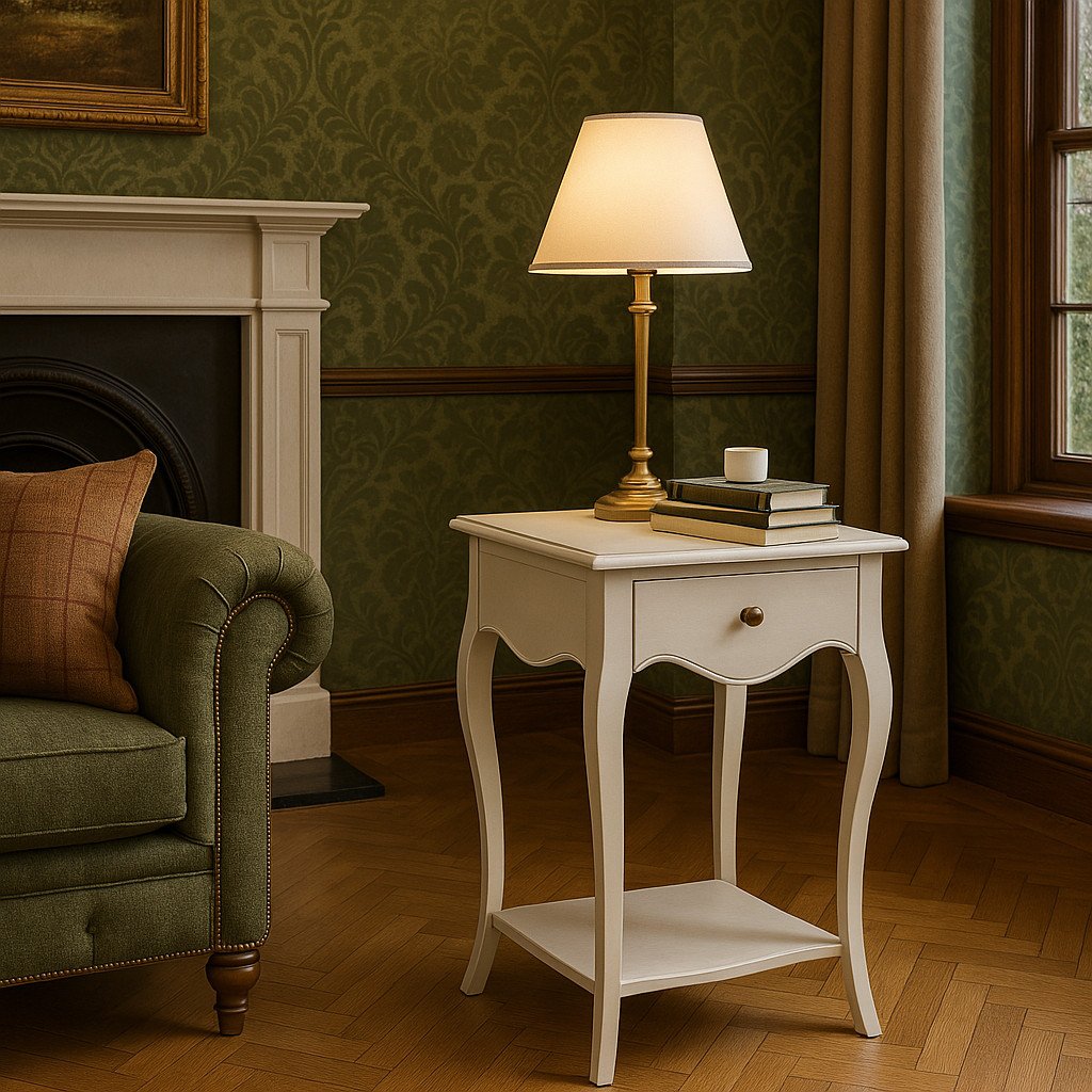 A white Avignon side table with a lamp on top, placed next to a green armchair in a room with patterned green wallpaper.