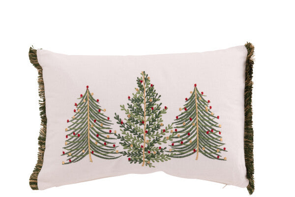 Decorative pillow with embroidered Christmas trees on a white background