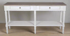 White console table with two drawers and an open shelf on a white background