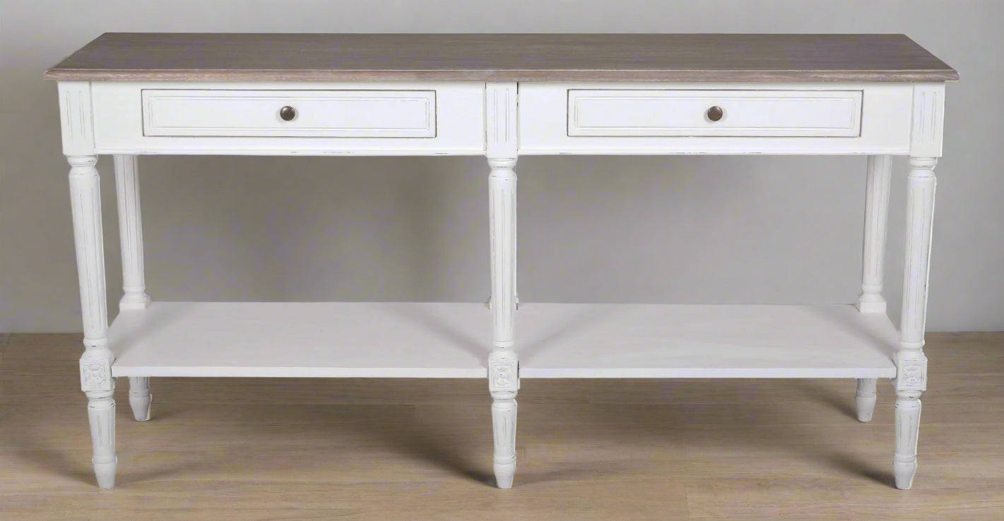 White console table with two drawers and an open shelf on a white background