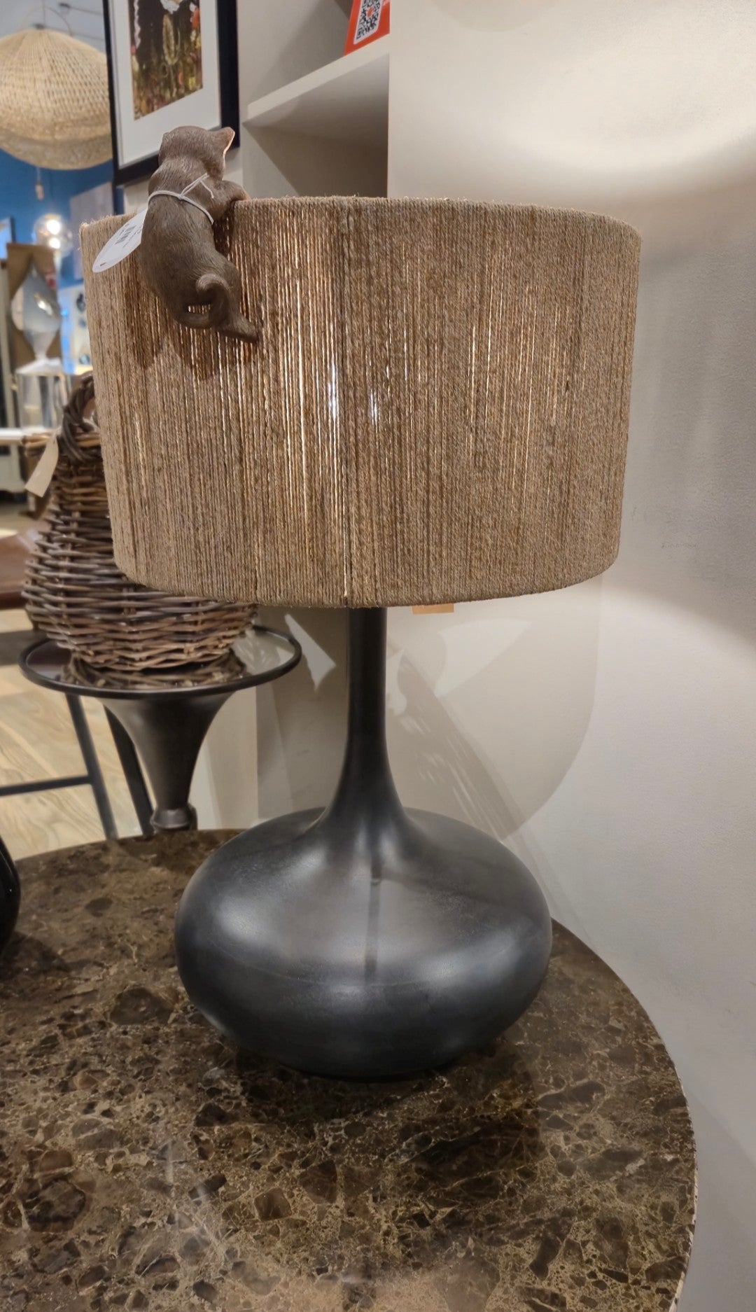 Burnt Black Table Lamp with Jute Shade - 57.5cm