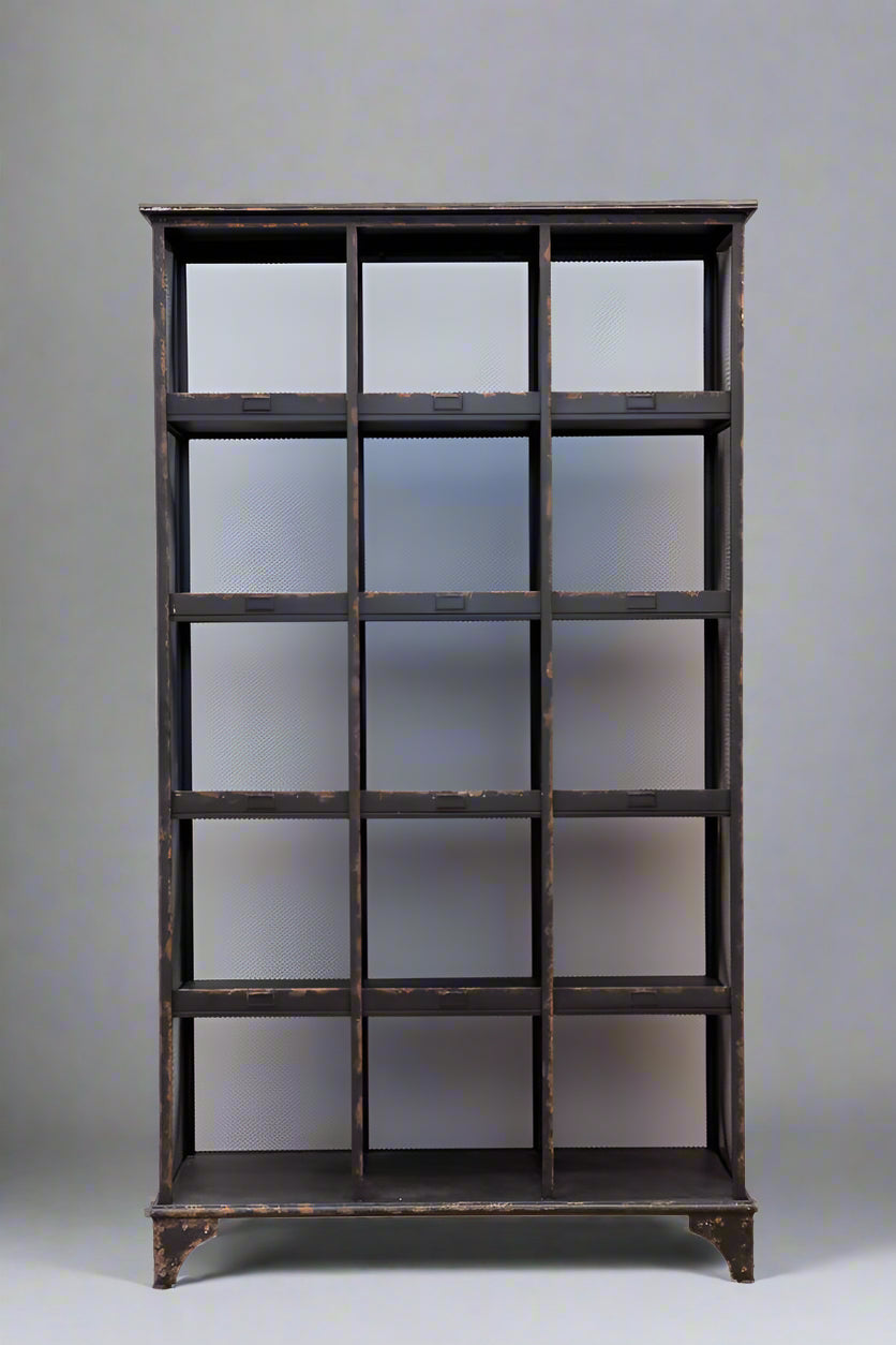 Dark wooden bookshelf with multiple shelves on a white background
