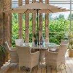 Monaco Sand Dining Set with Weave Lazy Susan and 3.0m Parasol - 6 Seat | Outdoor Living | Garden Sets | The Elms