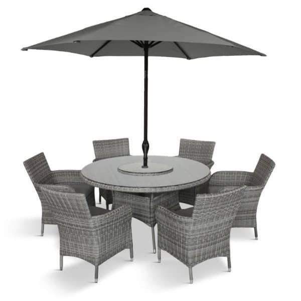 Monaco Stone 6 Seat Dining Set with Weave Lazy Susan and 3.0m Parasol | Outdoor Living | Garden Sets | The Elms