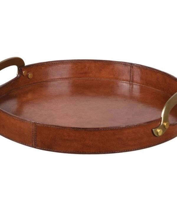 Brown Leather Round Tray with Handles - 41cm | Display & Storage | Trays | The Elms