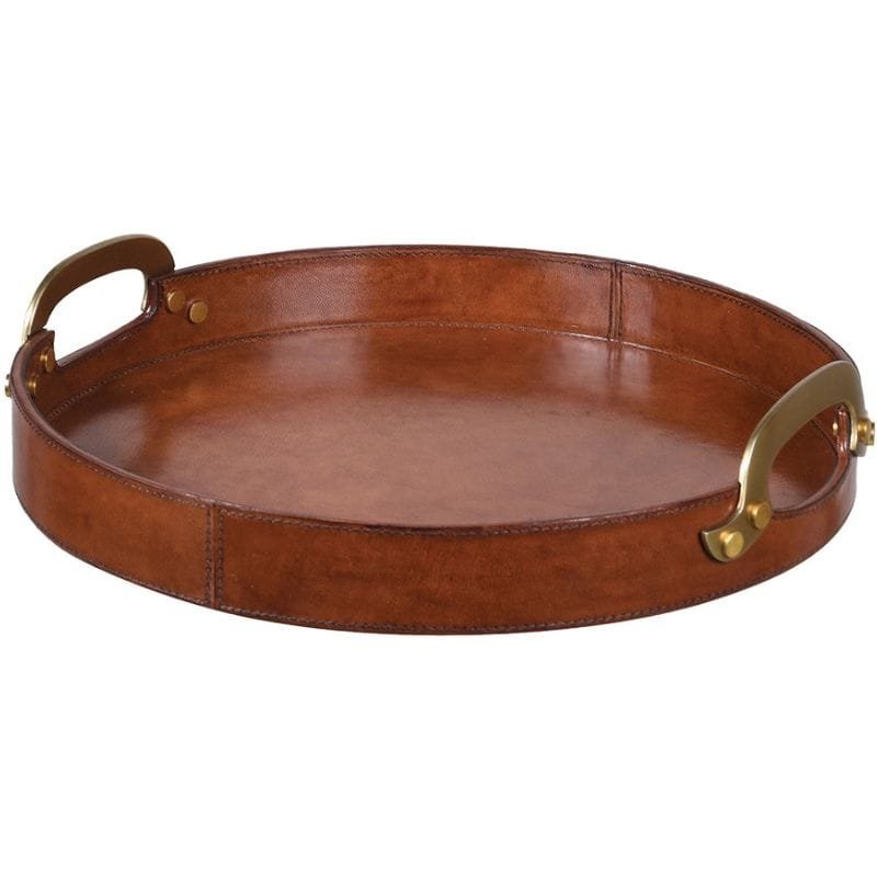 Brown Leather Round Tray with Handles - 41cm | Display & Storage | Trays | The Elms