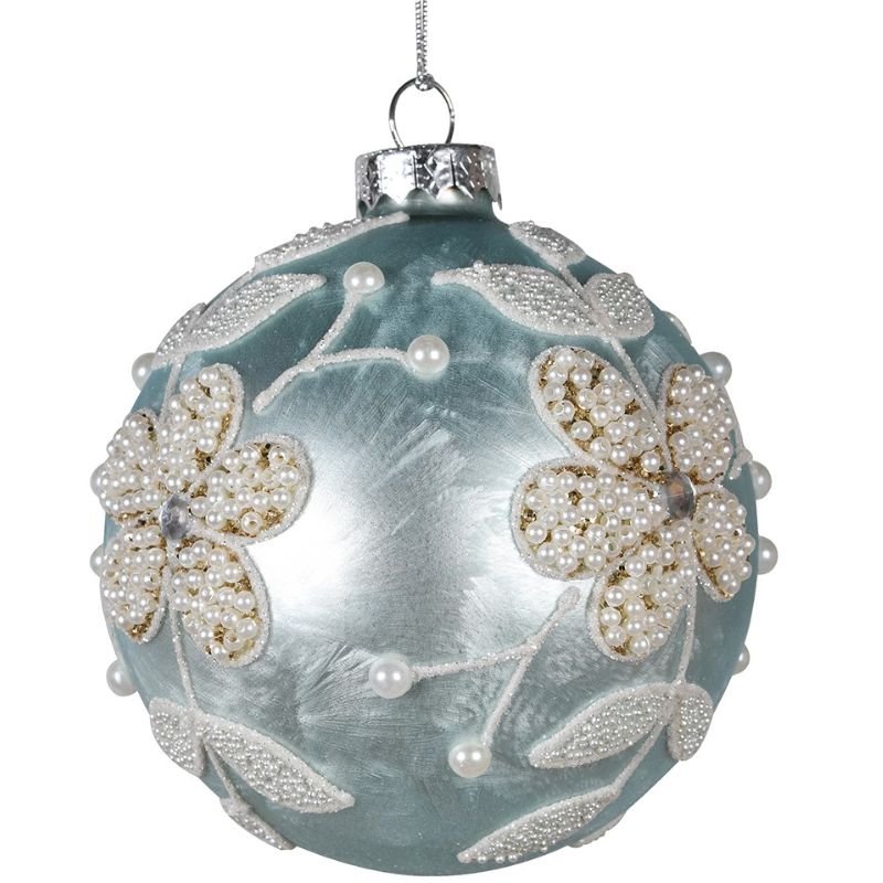 Blue Bead Floral Bauble - 10cm | Christmas | Christmas Tree Decorations | The Elms