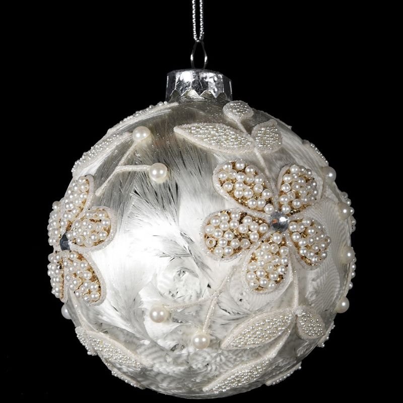 Silver Bead Floral Bauble - 10cm | Christmas | Christmas Tree Decorations | The Elms