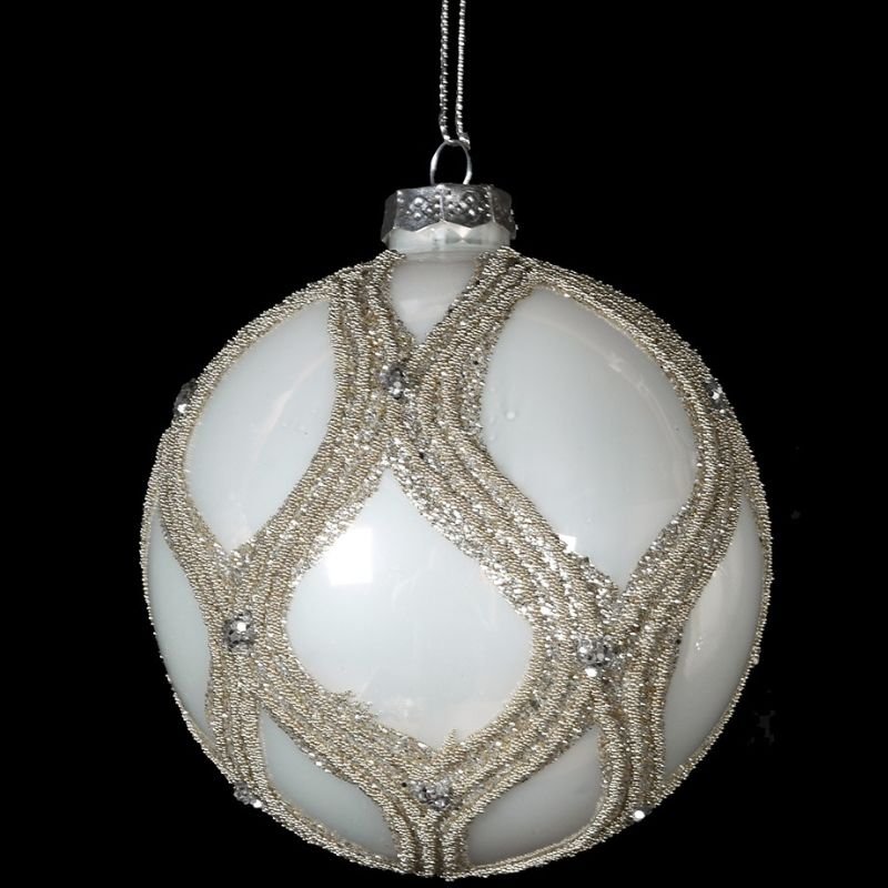 Cream Bauble with Gold Beads - 10cm | Christmas | Christmas Tree Decorations | The Elms