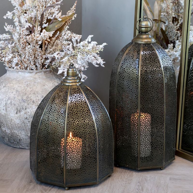 Antique Brass Lantern With Hole Pattern - 52.5cm | Hurricanes & Candle Holders | The Elm