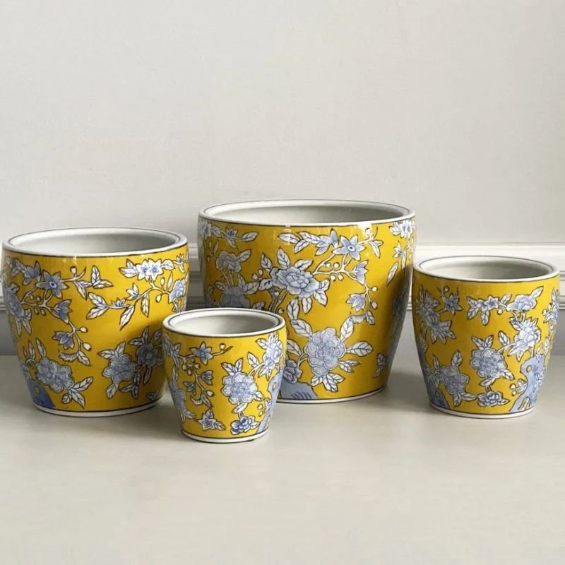 Yellow & Blue Floral Ceramic Plant Pot - Set of 4 | Outdoor Living | Garden Accessories | The Elms