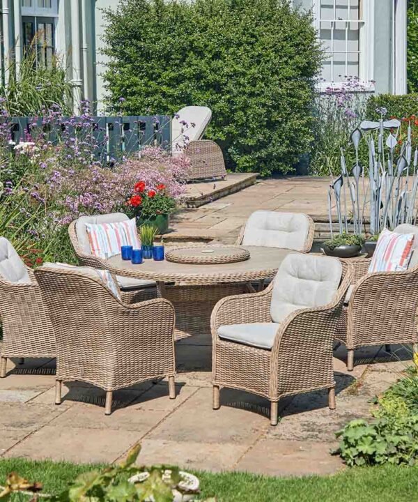 Regent Sand 6 Seat Dining Set w/ Lazy Susan & 3M Parasol
